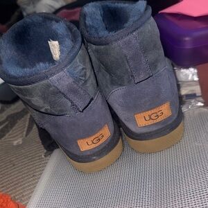 UGG Navy Suede Short Boots with Tan Logo Patch Size 10